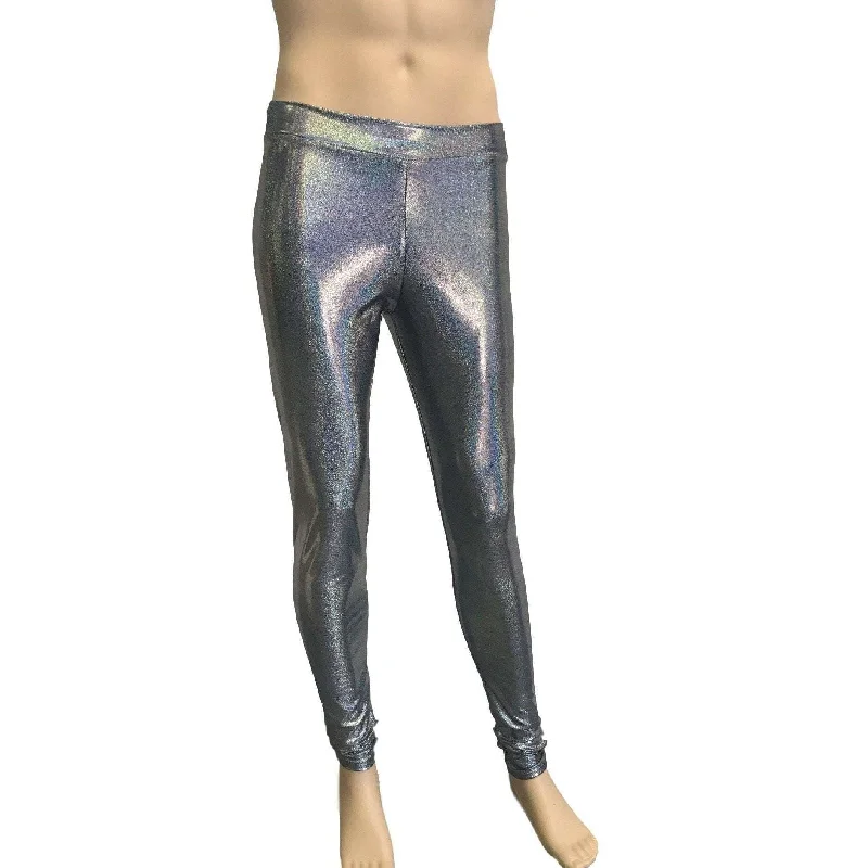 Men's Gleaming Silver Holographic Leggings, Meggings